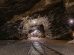 Túnel subterrâneo de uma mina iluminado, com paredes rochosas e trilhos no interior.