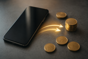 Ilustração editorial de celular desligado e transferência bancária relacionada ao encerramento das bets no Brasil