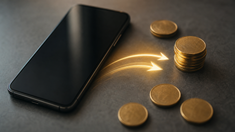 Ilustração editorial de celular desligado e transferência bancária relacionada ao encerramento das bets no Brasil